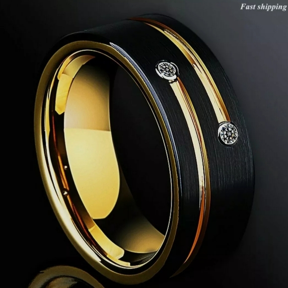8mm Black Brushed Tungsten Ring Gold Grooved Line - Picture 7 of 7